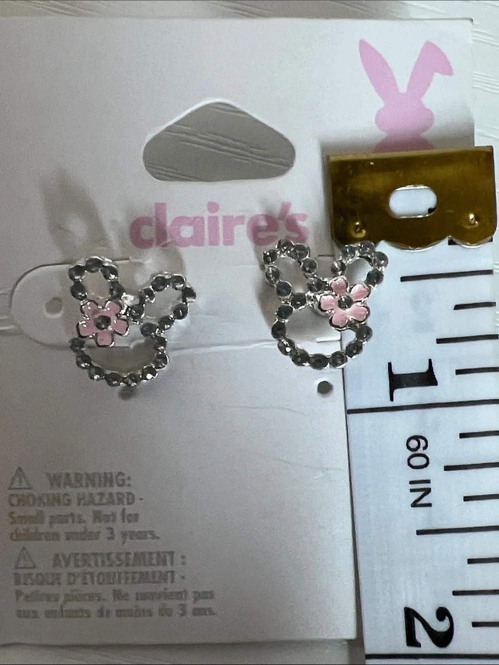 Claire's Silver Bunny Stud Earrings with Pink Flower NWT